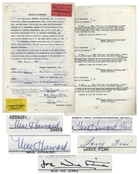 Moe Howard ''Consent to Assignment'' Agreement Signed Three Times, Also Signed by Larry Fine & Joe DeRita, From May 1965 -- 3pp. With Signatures on First Page -- Measures 8.5'' x 13'', Very Good